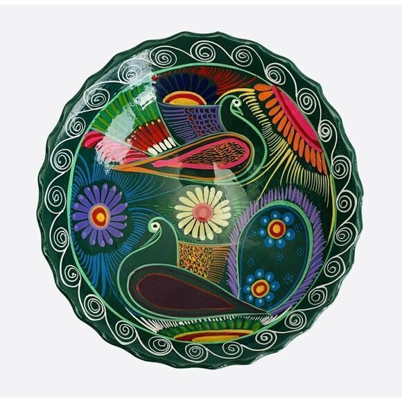Talavera Hand Painted Peacock Footed Bowl Bright Colors Mexico Handmade Flowers - Picture 1 of 4